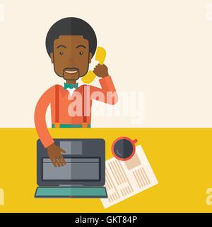 Afrikanische Büro Mann sitzt an seinem Schreibtisch. Stock Vektor