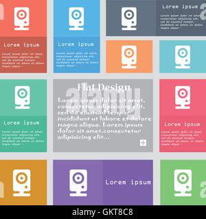 Web Cam Symbol Zeichen. Reihe von bunten Tasten mit Platz für Text. Vektor Stock Vektor