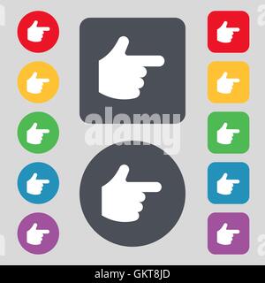 zeigenden Hand Symbol Zeichen. Ein Satz von 12 farbige Tasten. Flaches Design. Vektor Stock Vektor