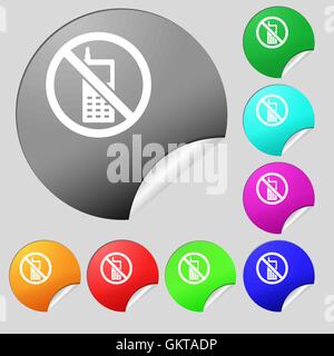 Handy ist verboten Symbol Zeichen. Satz von acht Multi farbige Runde Buttons, Aufkleber. Vektor Stock Vektor