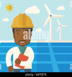 Schwarzer Mann in Solar-Panel und Windmühlen. Stock Vektor