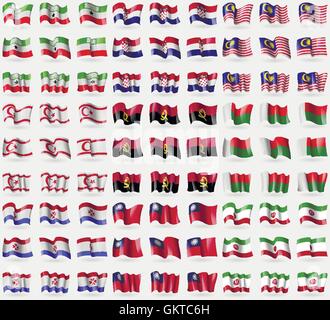 Somaliland, Kroatien, Malaysia, Nordzypern, Angola, Madagaskar, Mordowien, Taiwan, Iran. Große Gruppe von 81 Flags. Vektor Stock Vektor