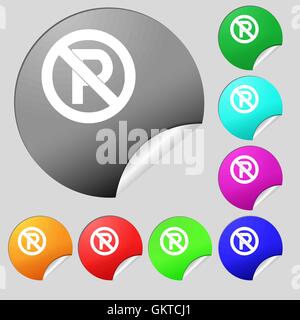 Kein Parkplatz-Symbol-Zeichen. Satz von acht Multi farbige Runde Buttons, Aufkleber. Vektor Stock Vektor