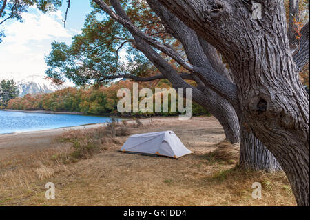 Campingplatz am See Pearson / Moana Rua Wildlife Refuge befindet sich im Craigieburn Forest Park in der Region Canterbury, Neuseeland Stockfoto