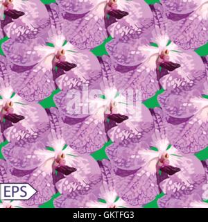 Violetten Orchidee nahtlose Vektormuster mit grünem Hintergrund. Stock Vektor