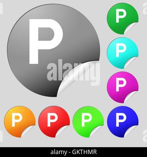 Parkplatz-Symbol Zeichen. Satz von acht Multi farbige Runde Buttons, Aufkleber. Vektor Stock Vektor