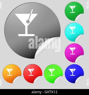 Cocktail-Symbol Zeichen. Satz von acht Multi farbige Runde Buttons, Aufkleber. Vektor Stock Vektor