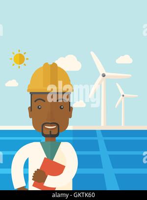 Schwarzer Mann in Solar-Panel und Windmühlen. Stock Vektor