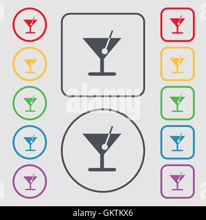 Cocktail-Symbol Zeichen. Symbol auf der Runde und quadratische Tasten mit Rahmen. Vektor Stock Vektor