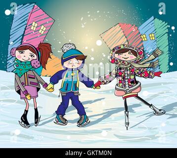 Drei Kinder auf der Eisbahn Stock Vektor