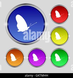 Schmetterling Symbol Zeichen. Rundes Symbol auf hellen bunten Knöpfen. Vektor Stock Vektor