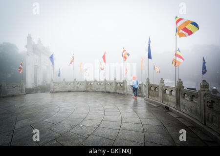 Fahnen im Nebel bei Ngong Ping auf Lantau Island, Hong Kong. Stockfoto