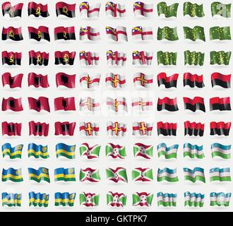 Angola, Herm, Adygea, Albanien, Guernsey, UPA, Ruanda, Burundi, Usbekistan. Große Gruppe von 81 Flags. Vektor Stock Vektor