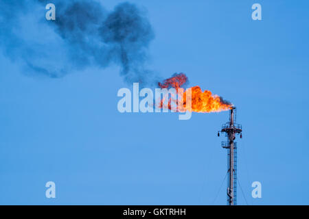 Abfackeln von Erdölbegleitgas in Öl-Raffinerie Stockfoto