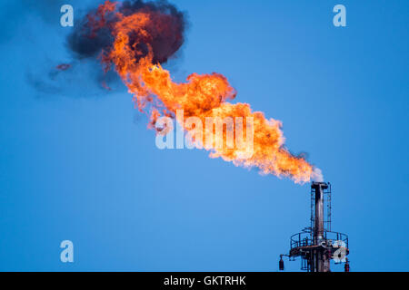 Abfackeln von Erdölbegleitgas in Öl-Raffinerie Stockfoto