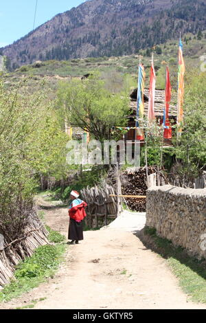 Einheimische Frau Spaziergänge in Jiuzhaigou Dorf China, Stockfoto