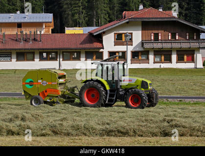 Schneiden von Heu mit Claas Landmaschinen, Val di Fassa, Italien Stockfoto