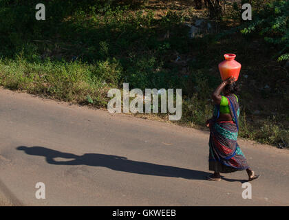 Frau mit Wasserkrug auf dem Kopf in Koonthakulam, Tamil Nadu, Indien. Stockfoto