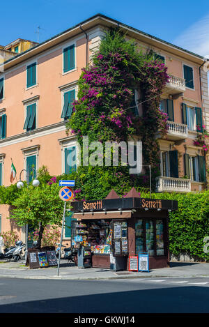 Typische Kiosk verkaufen die neuesten Zeitungen und Zeitschriften auf einer europäischen Stadt Straße. Stockfoto