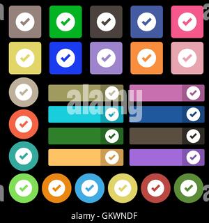 Häkchen, Tik Symbol Zeichen. Eingestellt von siebenundzwanzig mehrfarbige flache Schaltflächen. Vektor Stock Vektor