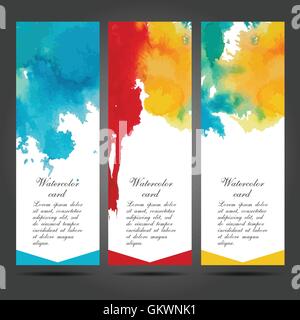 Drei Vektor Visitenkarten Vorlage mit handgemalten Aquarellpinsel Striche Hintergründe und Spritzer Stock Vektor