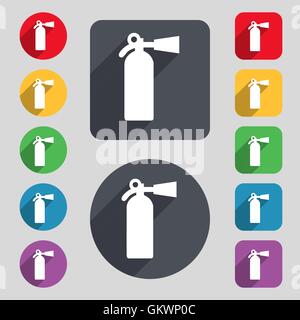 Feuerlöscher-Symbol Zeichen. Ein Satz von 12 farbige Tasten und einen langen Schatten. Flaches Design. Vektor Stock Vektor