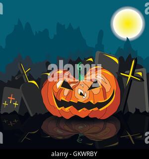 Grunge Halloween dunkel mit orange scary Kürbis, Vollmond.  Vektor-Illustration. Stock Vektor