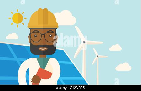 Schwarzer Mann in Solar-Panel und Windmühlen. Stock Vektor