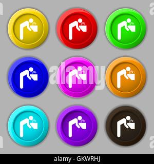 Trinkbrunnen Symbol Zeichen. Symbol auf neun Runden bunten Knöpfen. Vektor Stock Vektor