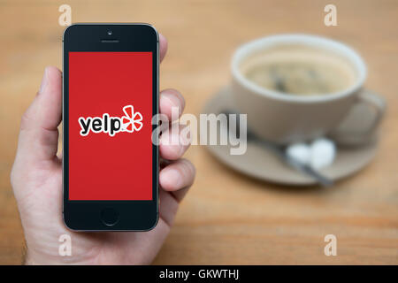 Ein Mann schaut auf seinem iPhone die Yelp-Logo anzeigt, während bei einer Tasse Kaffee (nur zur redaktionellen Verwendung) saß. Stockfoto