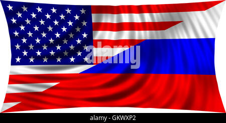 Amerikanische und russische Flaggen zusammen wehten im Wind, die isoliert auf weißem Hintergrund. Amerikanischen Nationalflagge. Russische Nationalflagge. Stockfoto