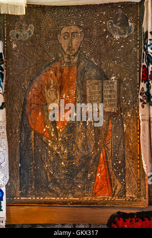 Symbol in der St. Parascheva Kirche in Budesti Susani, Holzkirche, gebaut im Jahre 1532, Dorf Budesti, Maramures Region, Rumänien Stockfoto