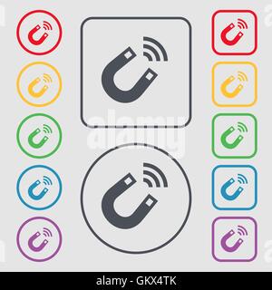 Magnet-Symbol Zeichen. Symbol auf der Runde und quadratische Tasten mit Rahmen. Vektor Stock Vektor