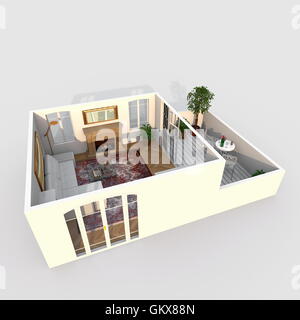 Innenraum-Rendering Perspektive 3D-Ansicht Wohnung möbliertes Wohnzimmer mit Kamin Stockfoto