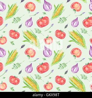 Gesunde Ernährung handbemalte nahtlose vegetarische Textur für Menü und Küche Design mit Tomaten, Mais und Zwiebeln Abbildungen auf g Stockfoto