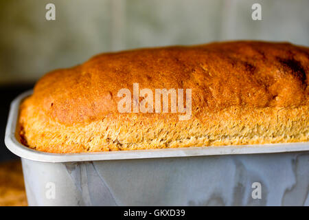 Flachen Fokus hausgebackenes Brot noch in Aluminium Backform. Goldene braune Kruste mit genau die richtige Konsistenz für einen knackigen Biss. Stockfoto