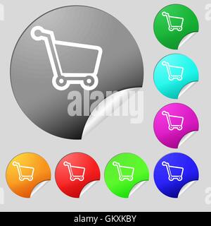 Shopping Warenkorb Symbol Zeichen. Satz von acht Multi farbige Runde Buttons, Aufkleber. Vektor Stock Vektor