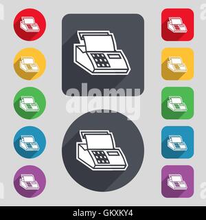 Registrierkasse Maschine Symbol Zeichen. Ein Satz von 12 farbige Tasten und einen langen Schatten. Flaches Design. Vektor Stock Vektor