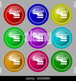 Helikopter-Symbol Zeichen. Symbol auf neun Runden bunten Knöpfen. Vektor Stock Vektor