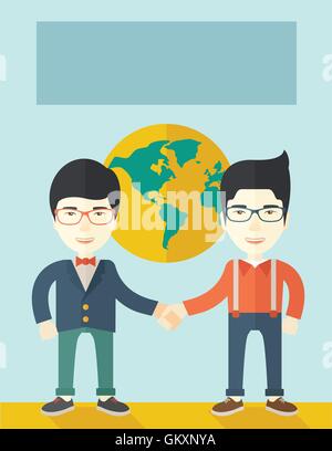 Zwei chinesische Jungs glücklich Handshaking. Stock Vektor