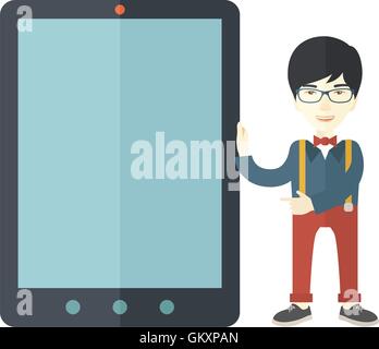 Asiatische Geschäftsmann hält eine big-Screen-Tablette. Stock Vektor