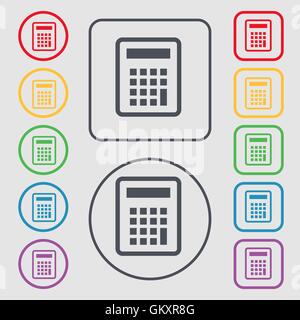 Taschenrechner-Symbol Zeichen. Symbol auf der Runde und quadratische Tasten mit Rahmen. Vektor Stock Vektor