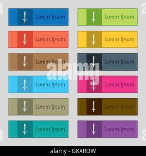 das Schwert-Symbol-Zeichen. Satz von zwölf rechteckigen, bunte, schöne, qualitativ hochwertige Buttons für die Website. Vektor Stock Vektor