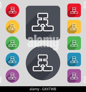 Netzwerk Symbol Zeichen. Ein Satz von 12 farbige Tasten und einen langen Schatten. Flaches Design. Vektor Stock Vektor