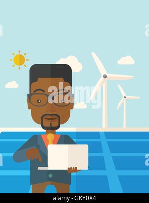 Afrikanischer Mann mit Laptop im Sonnenkollektor. Stock Vektor