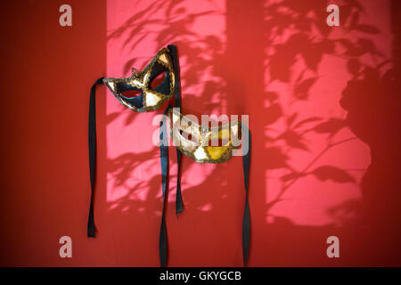 Ein paar der venezianischen Karneval Masken hängen an der Wand mit dem Schatten des Baumblätter Stockfoto