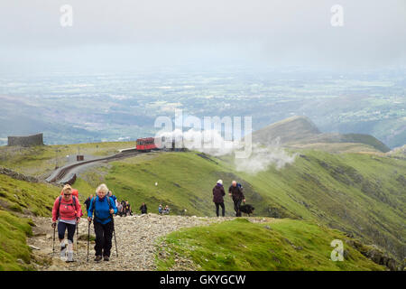 Menschen zu Fuß auf Llanberis Pfad zu Mt Snowdon und Dampfzug an Clogwyn Station an der Snowdon Mountain Railway in Snowdonia National Park. Wales UK Stockfoto