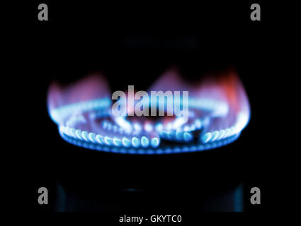 Brennen von einer Küche Gas Gasherd in Dunkelheit Stockfoto