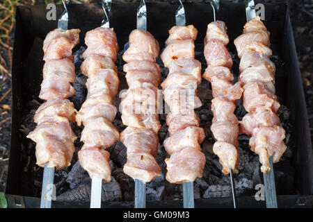 Grill-Spieße mit rohem Fleisch auf Kohlenbecken. Huhn Schaschlik Stockfoto