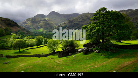 Regenwolken über der Langdale Pikes Stockfoto